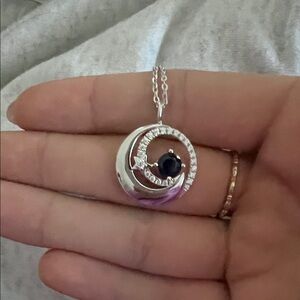 silver moon and star necklace with blue sapphire (september birth stone)